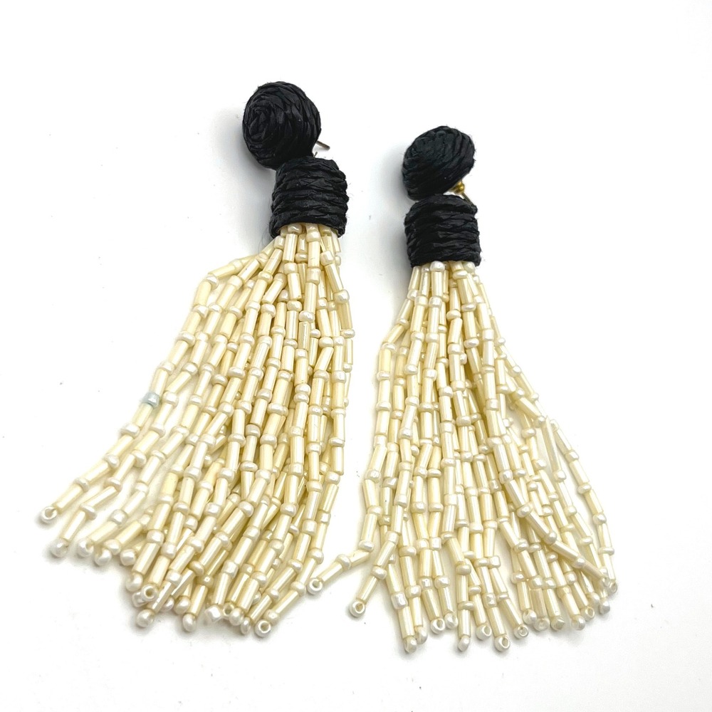 Anthropologie Beaded Tassel Drop Earrings Black Cream Raffia Statement 4"